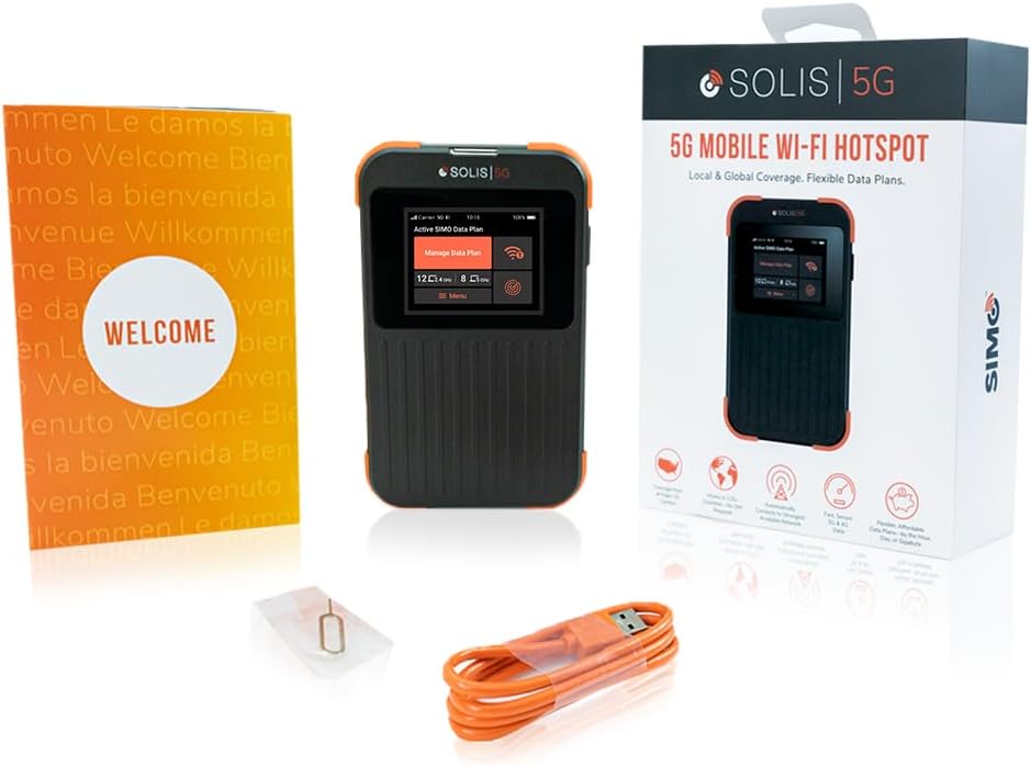 Solis 5G WiFi Mobile Hotspot for Travel, Local and International Coverage Router, Multi-Carrier Access, No Contract or SIM Card Required, 16 Connected Devices, 1GB/Month Lifetime Data